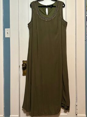 Lane Bryant Olive Green Sleeveless Maxi Dress with Beaded Neckline (22/24)